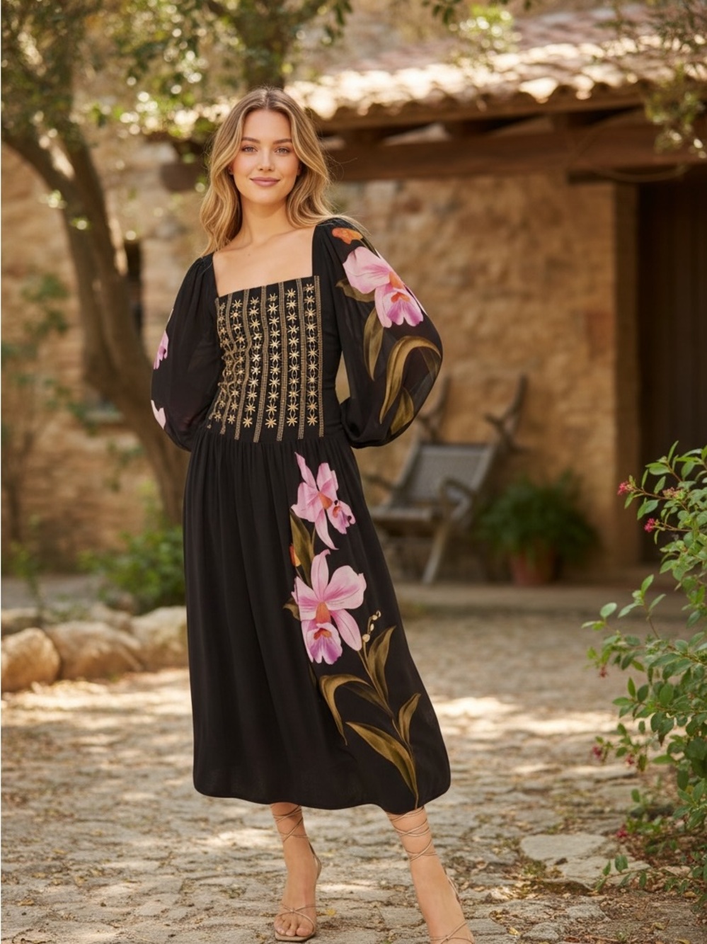 FARM Rio Embroidered Goddess Orchid Floral Midi Dress Size Small
